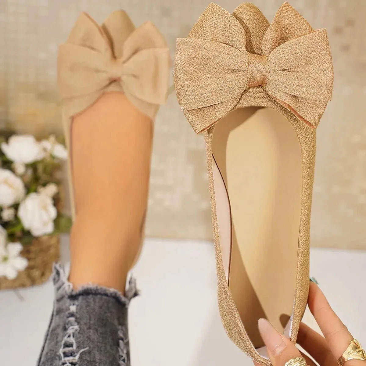 Bow Point Toe Flats Slip - Ons - VILLA FASHION